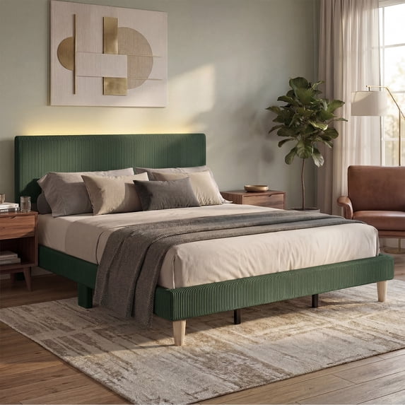 Bestier Corduroy Upholstered King Bed Frame with Adjustable Headboard, Platform Bed Frame with LED Light, Solid Wood Slats, No Box Spring Needed, Green