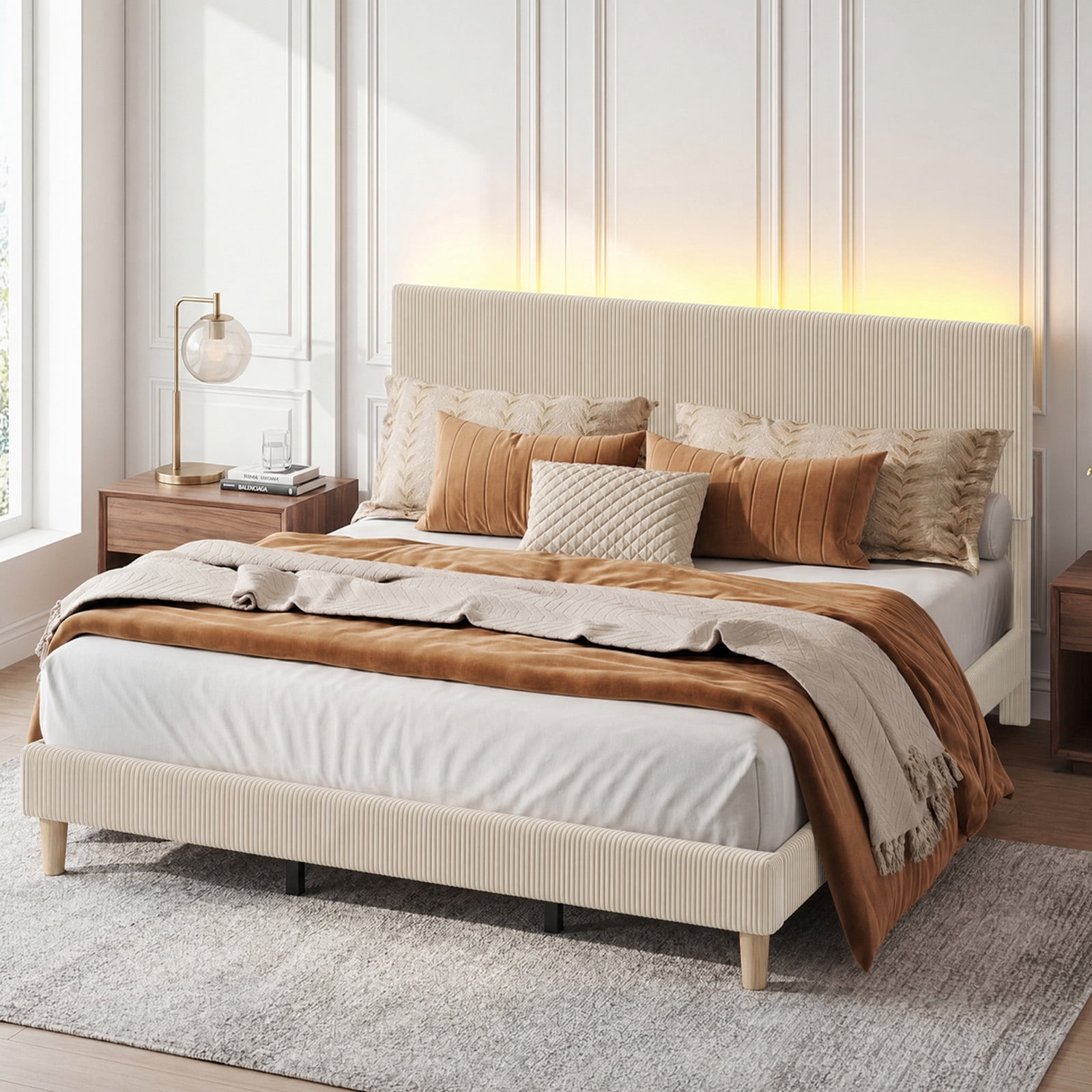 Bestier Corduroy Upholstered King Bed Frame with Adjustable Headboard, Platform Bed Frame with LED Light, Solid Wood Slats, No Box Spring Needed, Off White