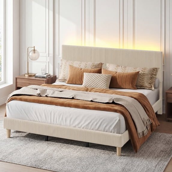 Bestier Corduroy Upholstered King Bed Frame with Adjustable Headboard, Platform Bed Frame with LED Light, Solid Wood Slats, No Box Spring Needed, Off White