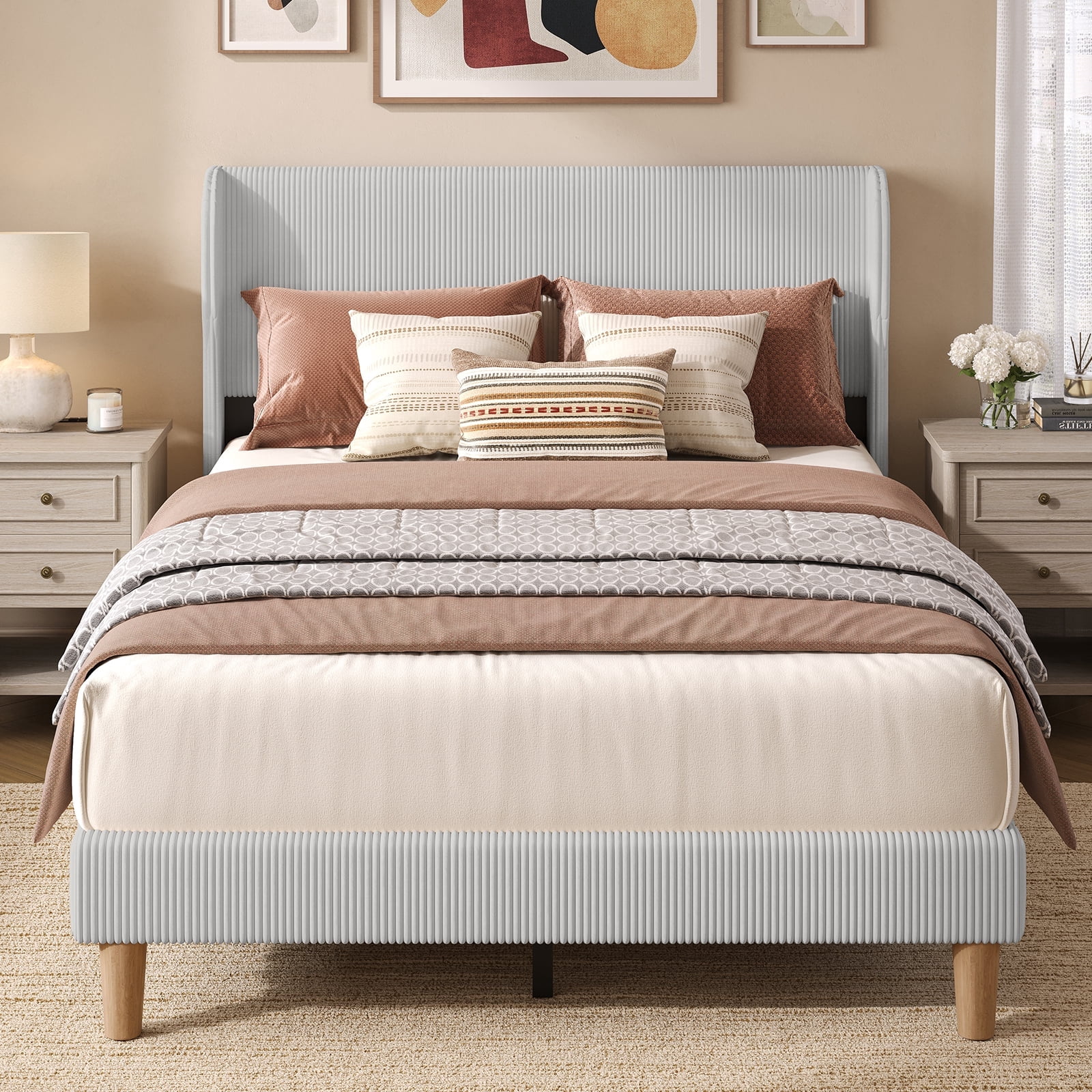 Bestier Queen Size Corduroy Bed Frame with Wingback Headboard, Upholstered Platform Bed with Wood Slats, No Box Spring Needed, Light Gray