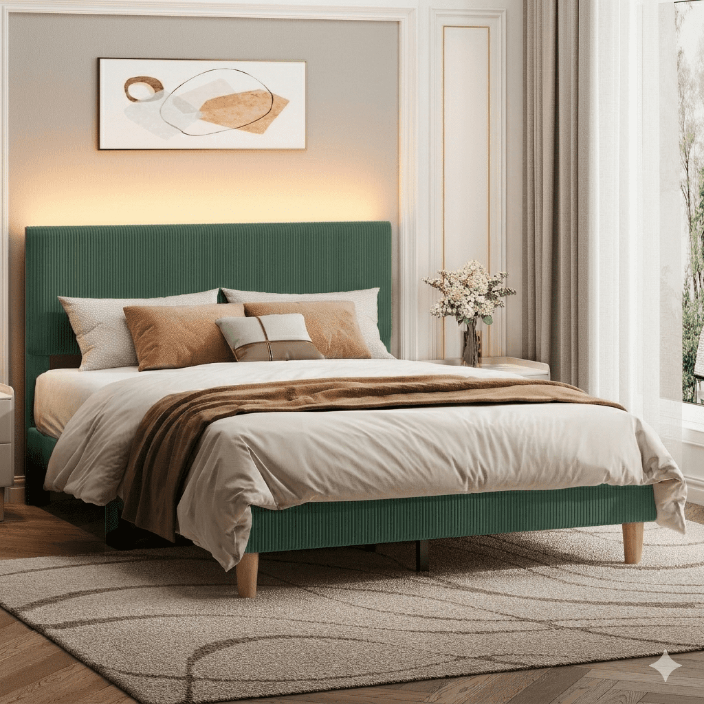 Bestier Corduroy Upholstered queen Bed Frame with Adjustable Headboard, Platform Bed Frame with LED Light, Solid Wood Slats, No Box Spring Needed, Green