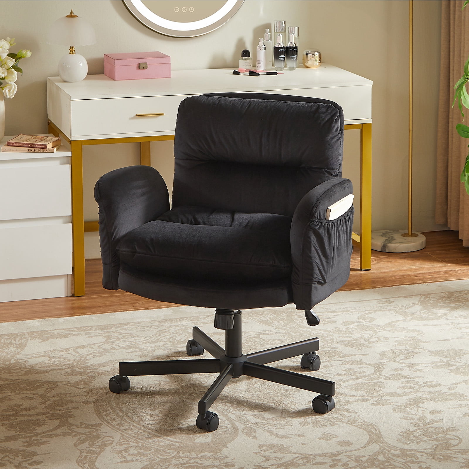Bestier Office Chair Criss Cross Chair with Flip-Up Arms, Adjustable Height, Comfy Computer Chair, Vanity Chair with Side Pockets, Black