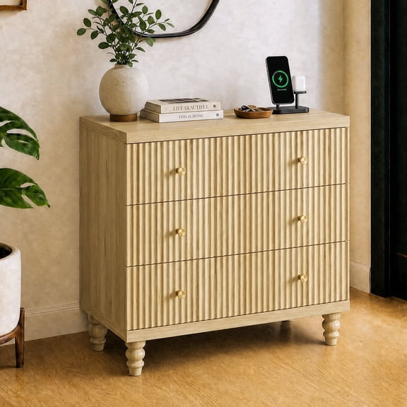 Bestier 3 Drawer Dresser with Charging Station, Modern Fluted Wood Storage Cabinet for Living Room, Chest of Drawers with Gold Handles, Tall Dresser for Hallway, Entryway & Home Office, Natural Oak