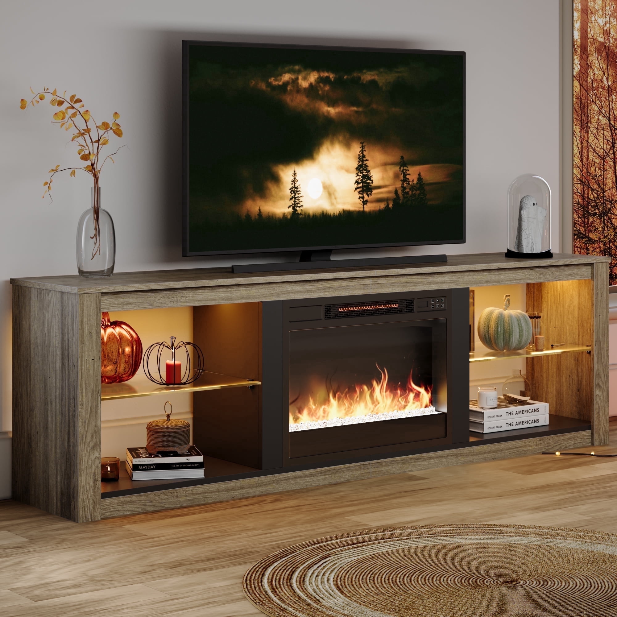 Bestier Electric Fireplace TV Stand Modern Entertainment Center for TVs up to 75" with LED Light and Storage Shelves in Wash Gray