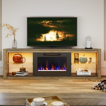Bestier Electric Fireplace TV Stand Modern Entertainment Center for TVs up to 75" with LED Light and Storage Shelves in Wash Gray