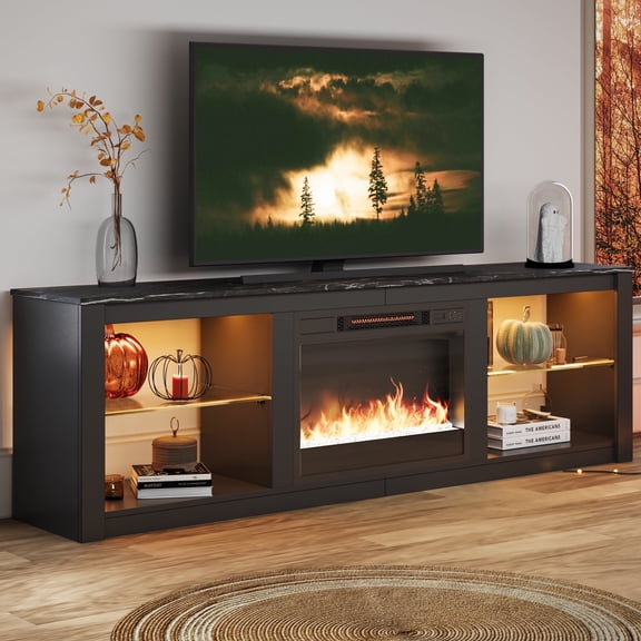Bestier Fireplace TV Stand for 75 inch TVs,TV Stand with Fireplace & 23 inch Electric Fireplace, Modern Entertainment Center with Fireplace for Living Room or Bedroom, RGB Lighting, Black