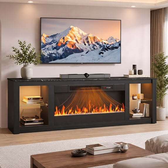 Bestier Fireplace TV Stand for 75 inch TVs,TV Stand with Fireplace & 23 inch Electric Fireplace, Modern Entertainment Center with Fireplace for Living Room or Bedroom, RGB Lighting, Black