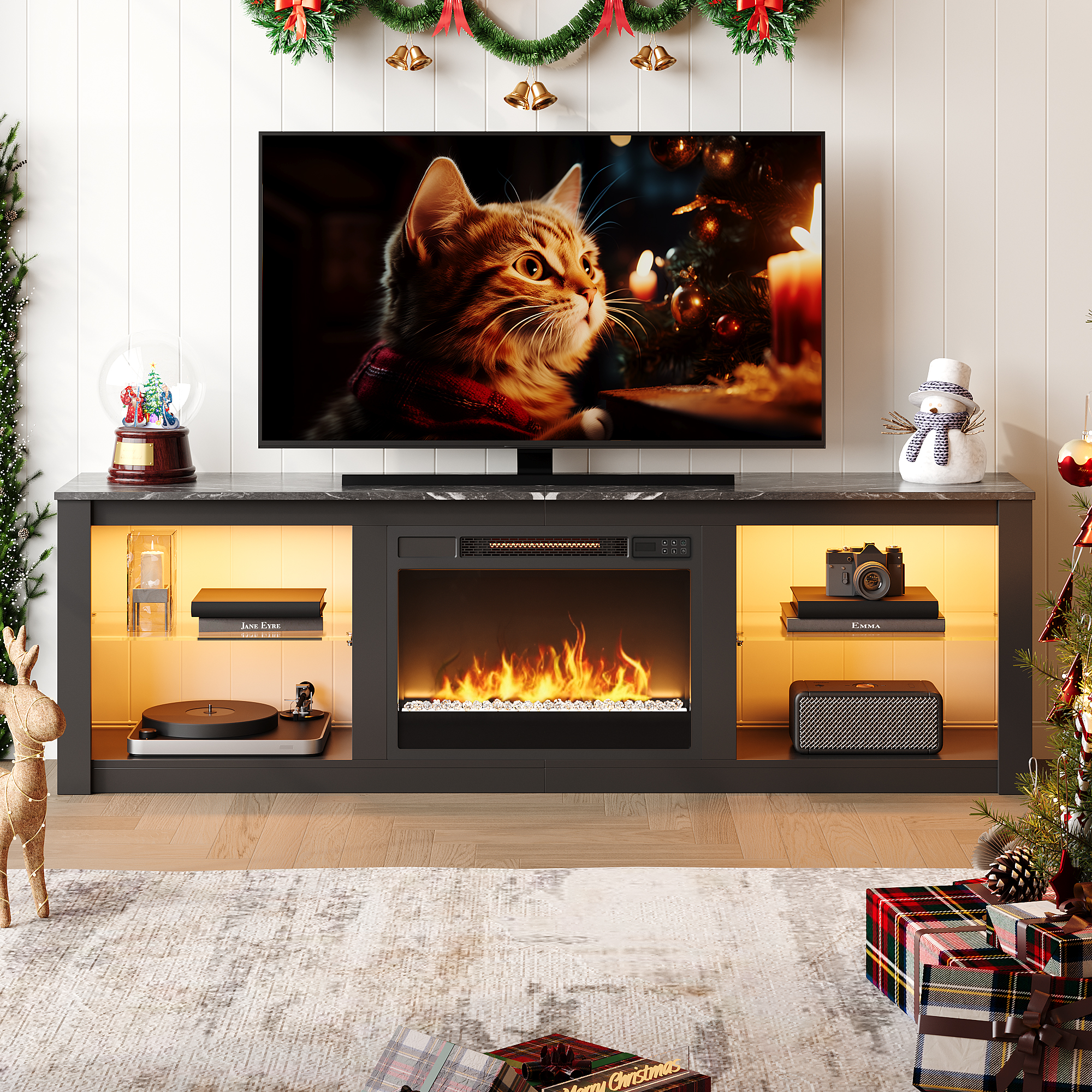 Bestier Electric Fireplace TV Stand for 75inch TV, Farmhouse Entertainment Center with LED Light for Living Room in Black - image 1 of 10