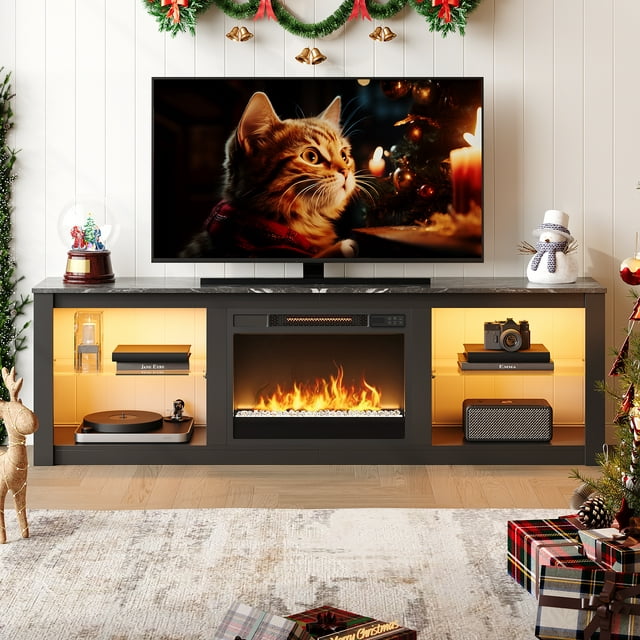 Bestier Electric Fireplace TV Stand for 75inch TV, Farmhouse Entertainment Center with LED Light for Living Room in Black