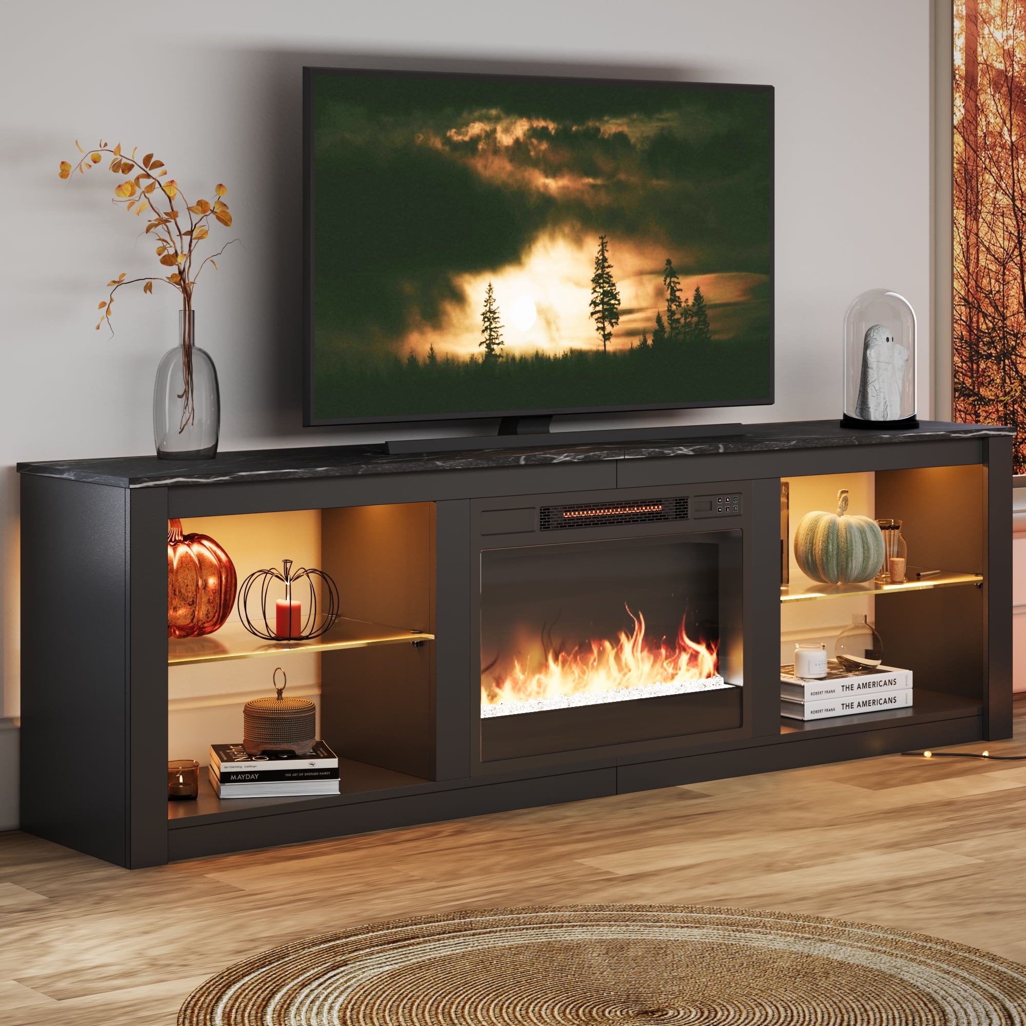 Black Modern Electric Fireplace TV Stand with LED Lights and Cabinet