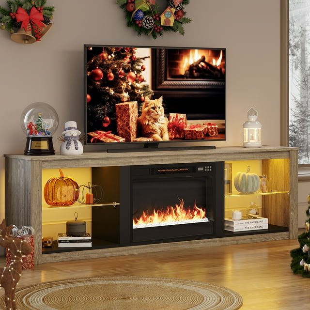 Bestier 75inch TV Stand with Electric Fireplace, LED Light, Farmhouse