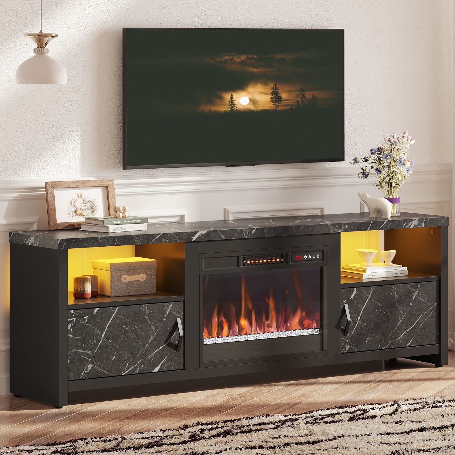 Amerlife Fireplace TV Stand with 36" Fireplace, 70" Modern High Gloss