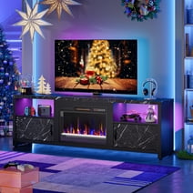 Bestier Electric Fireplace TV Stand for TVs up to 75", Entertainment Center with LED Lights, Black Marble