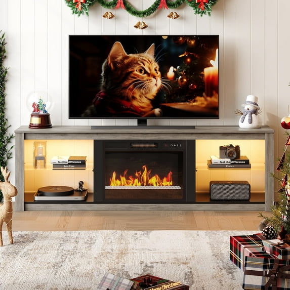 Bestier Electric Fireplace Television Stand for 75" TVs,Media Console and Entertainment Center Featuring 23" Fireplace for Living Room&Bedroom with Remote Controlled RGB Lighting & Storage Wash Gray