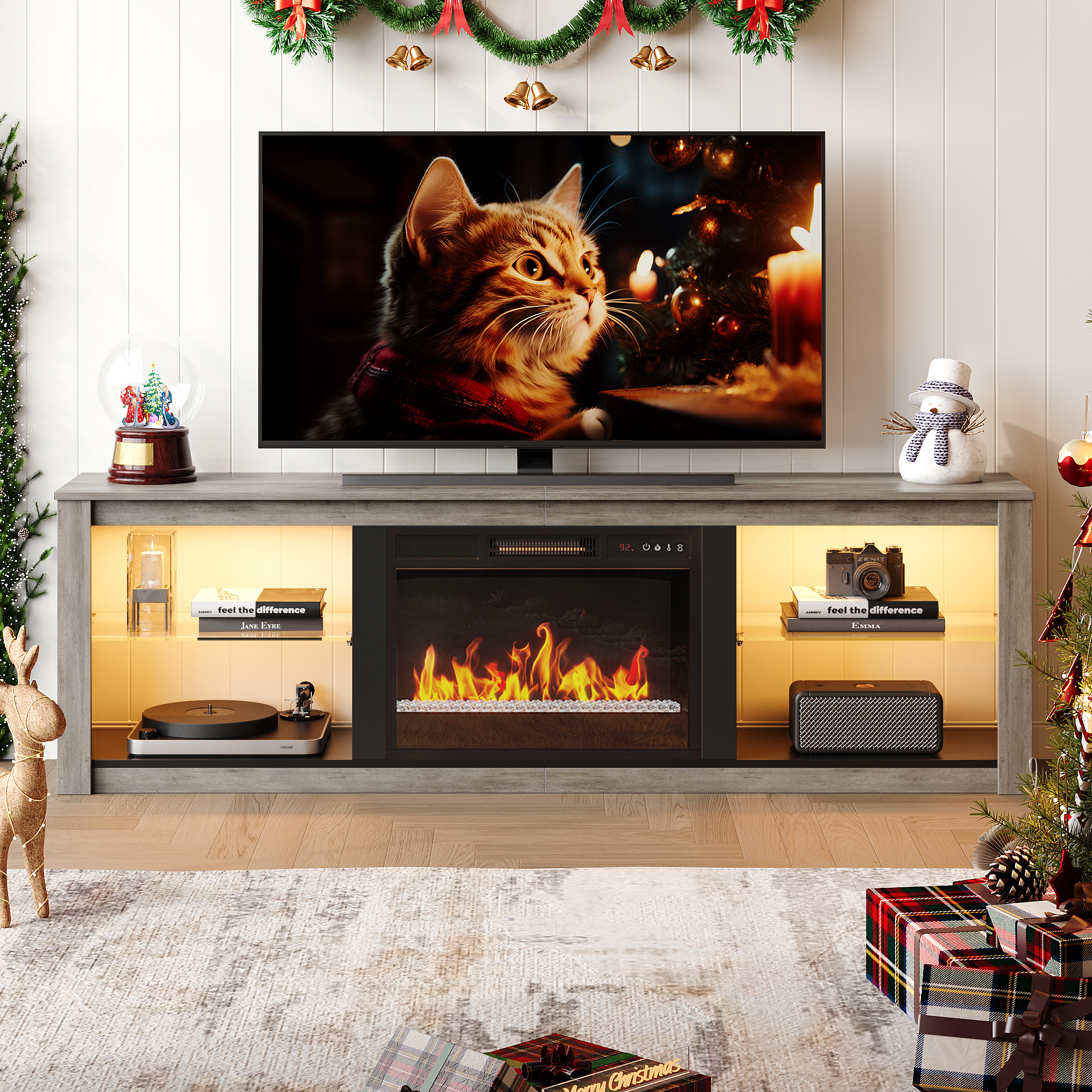 Bestier Electric Fireplace Television Stand for 75" TVs,Media Console and Entertainment Center Featuring 23" Fireplace for Living Room&Bedroom with Remote Controlled RGB Lighting & Storage Wash Gray