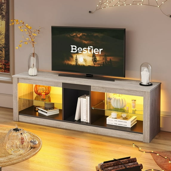 Bestier LED TV Stand for 65 inch TVs, Entertainment Center with Storage,TV Console Table for Living Room with Adjustable Shelves,Grey