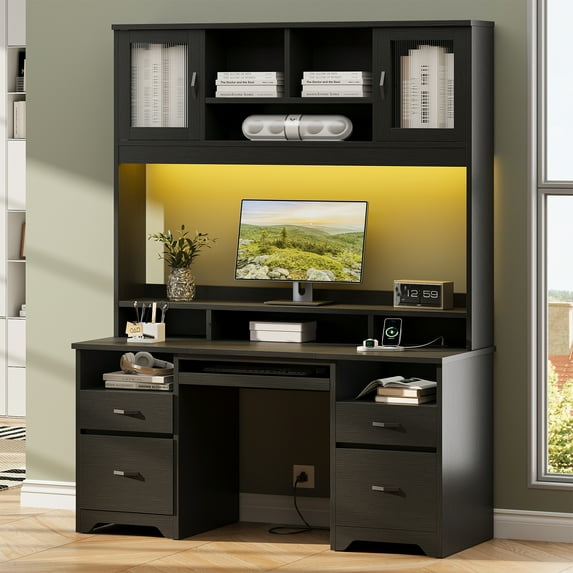 Bestier Executive Desk with Hutch, 77.8" H Modern Wood Computer Desk with Drawers,Charging Station, LED Light, Fluted Storage Cabinet, Keyboard Tray, 59" W Office Desk for Home Office, Black