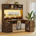 thumbnail image 1 of Bestier Farmhouse 63" L Shaped Desk with Hutch, Wood Computer Desk with Drawers, Charging Station, LED Light, Fluted Sliding Door Cabinet, Monitor Stand, Executive Desk for Home Office, Rustic Brown, 1 of 10