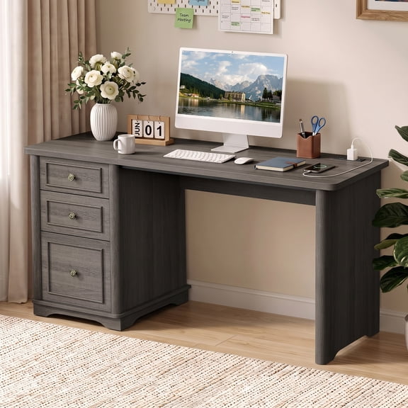 Bestier 59" Computer Desk with Power Outlets & Drawers, Home Office Writing PC Table, Large Workstation with Storage File Cabinet,Gray