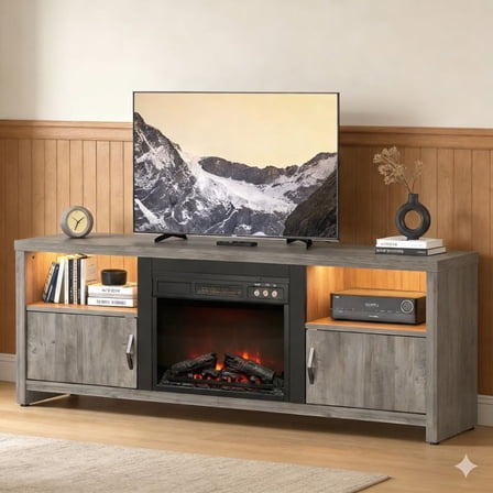 Bestier 71 inch Electric Fireplace TV Stand for TVs up to 75", Modern Entertainment Center with LED Lights, Wash Grey