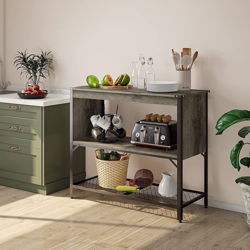 Bestier Farmhouse Kitchen Island with Storage, Portable Coffee Bar Shelf Console Table, Grey