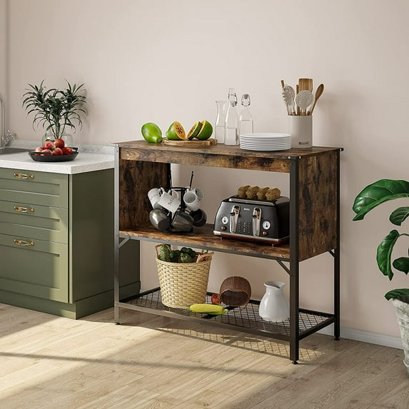 Bestier Farmhouse Kitchen Island with Storage, Portable Coffee Bar Shelf Console Table, Rustic
