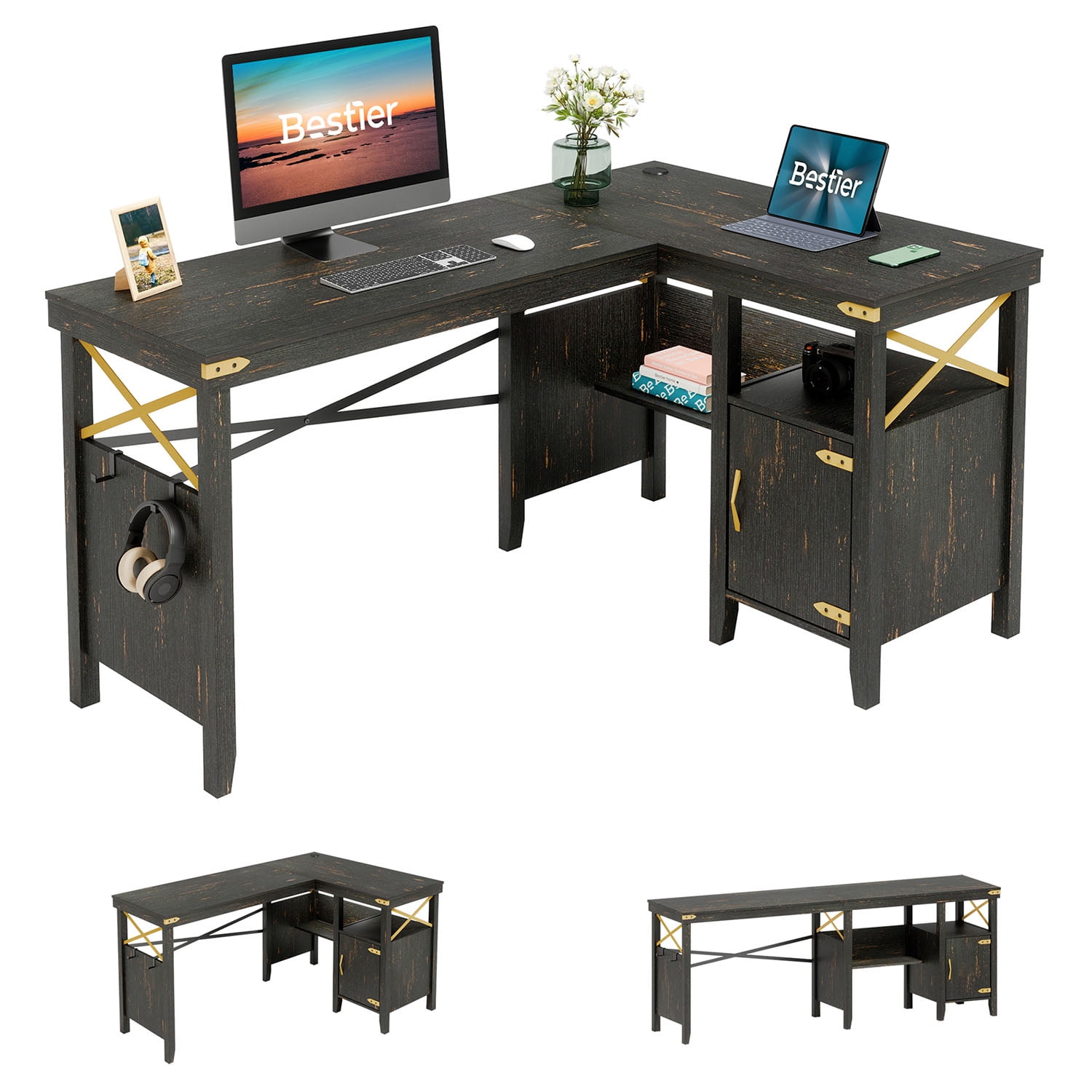 Bestier Farmhouse L Shaped Computer Desk with Storage Cabinet Black and Gold