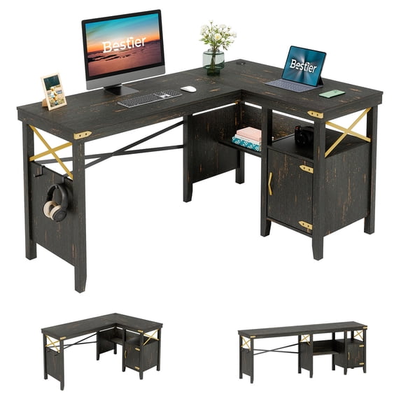 Bestier Farmhouse L-Shaped Computer Desk with Storage Cabinet Black and Gold