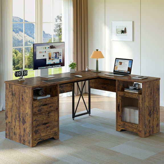 Bestier Farmhouse L Shaped Desk with Drawers, 63"Office Computer Desk with Charging Station & Fluted Storage Cabinet, Corner Desk with File Drawers, Modesty Panel for Home Office, Rustic Brown