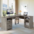 thumbnail image 1 of Bestier Farmhouse L Shaped Desk with Drawers, 63"Office Computer Desk with Charging Station & Fluted Storage Cabinet, Corner Desk with File Drawers, Modesty Panel for Home Office, Grey, 1 of 11