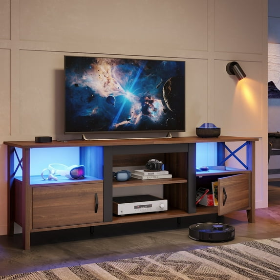 Bestier Farmhouse LED TV Stand for TVs up to 70" Entertainment Center with Cabinet in Ancona Walnut