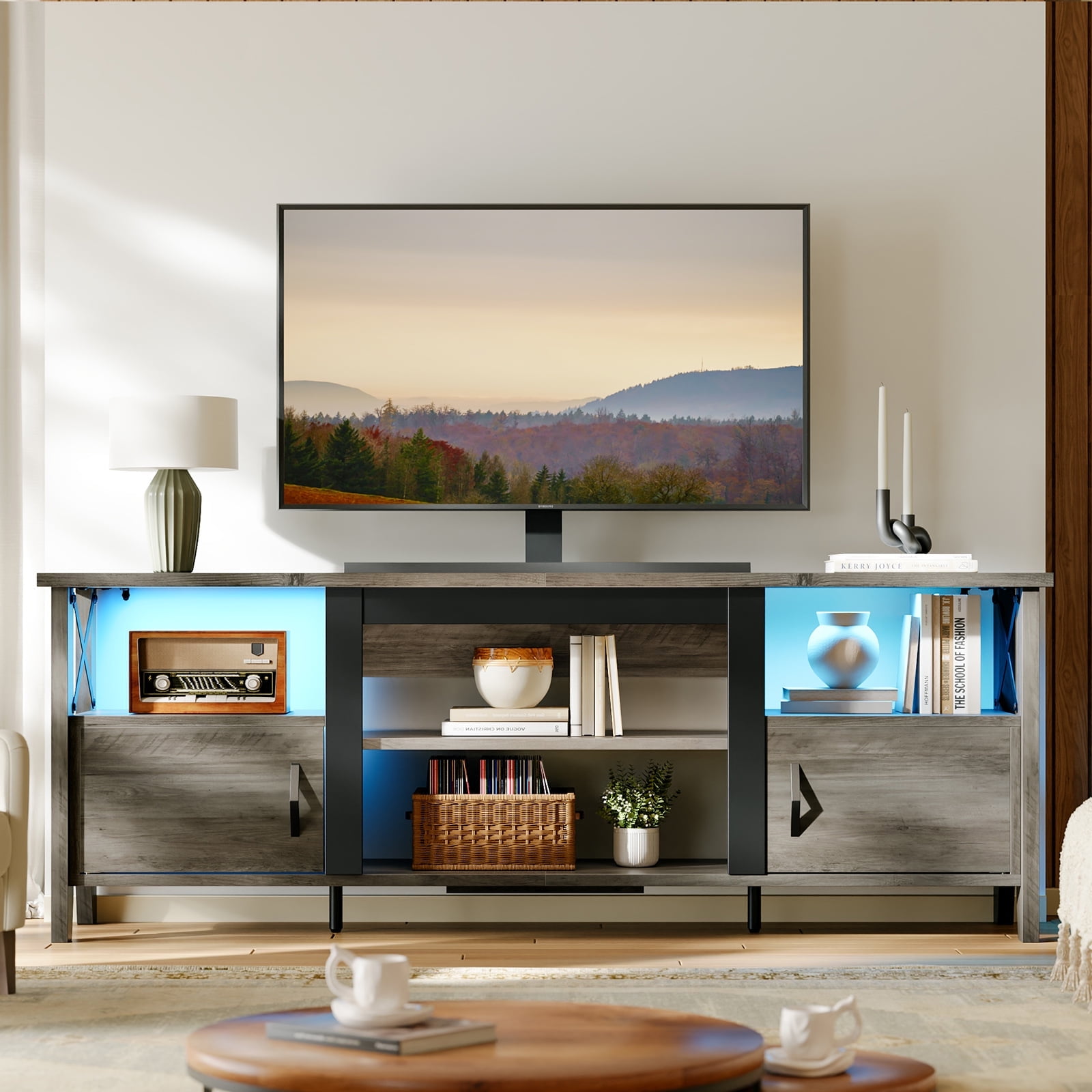 Wash Gray Farmhouse TV Stand with LED Lights and Storage Cabinet