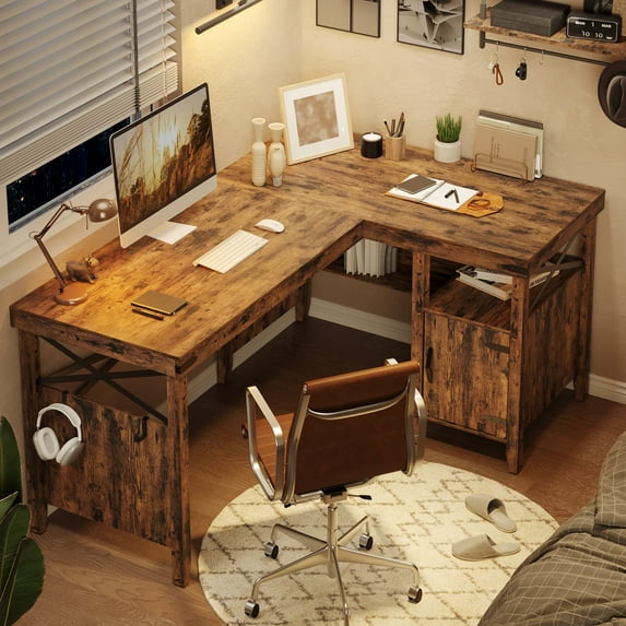 Bestier Farmhouse Reversible L-Shaped Computer Desk 60 inches Home Office Desk Rustic