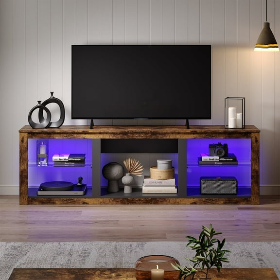 Bestier Farmhouse TV Stand for 75 Inch TVs, Entertainment Center with Remote Controlled LED Lights, Adjustable Glass Shelves & Open Storage, Media Console for Living Room, Rustic Brown