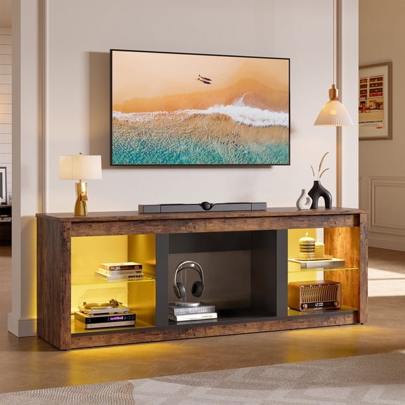 Bestier Farmhouse TV Stand for 75 Inch TVs, Entertainment Center with Remote Controlled LED Lights, Adjustable Glass Shelves & Open Storage, Media Console for Living Room, Rustic Brown