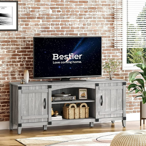 Bestier Farmhouse TV Stand with Storage Shelves for TVs up to 65" for Living Room, Wash White