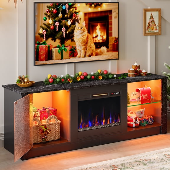 Bestier Fireplace TV Stand for TVs up to 70 inch, RGB Remote Entertainment Center with Fireplace, Media TV Console with Transparent Door, Open Shelves & Cabinet for Living Room, Black