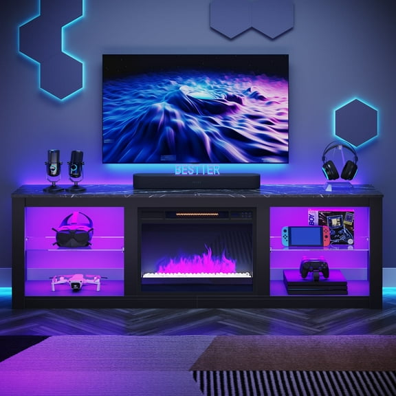 Bestier Fireplace TV Stand for 75" TVs with 23" Electric Fireplace,Modern Entertainment Center and Television Console Table with Remote Control RGB LED Lights and Holds up to 200 lbs,Black