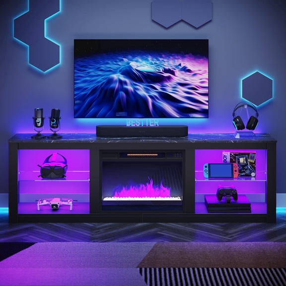 Bestier Fireplace TV Stand for 75" TVs with 23" Electric Fireplace,Modern Entertainment Center and Television Console Table with Remote Control RGB LED Lights and Holds up to 200 lbs,Black