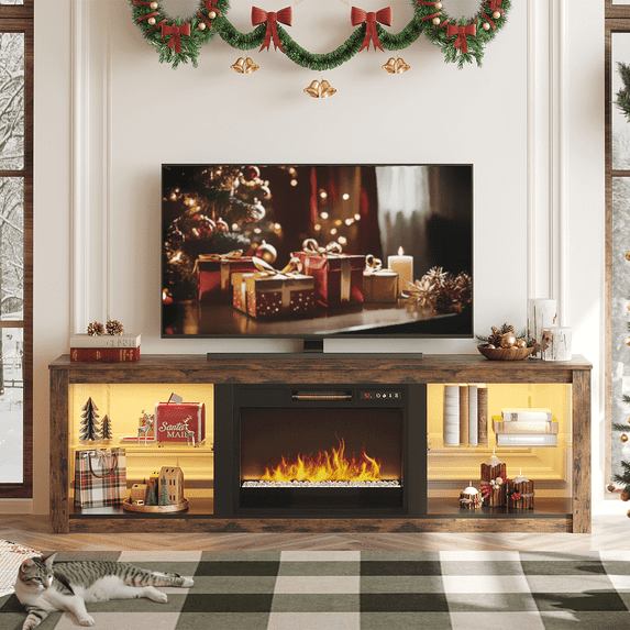 Bestier Fireplace TV Stand for 75" TVs,Entertainment Center and Media Console with 23" Electric Fireplace, Remote Controlled RGB LED Lighting System and Adjustable Tempered Glass Shelves Rustic Brown