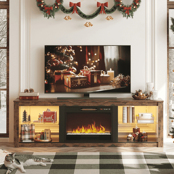 Bestier Fireplace TV Stand for 75" TVs,Entertainment Center and Media Console with 23" Electric Fireplace, Remote Controlled RGB LED Lighting System and Adjustable Tempered Glass Shelves Rustic Brown