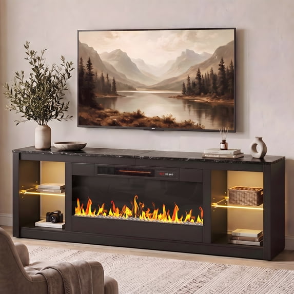 Bestier 70" Fireplace TV Stand for TVs up to 75", Modern Entertainment Center with 36" Electric Fireplace, TV Console with LED Lights and Adjustable Shelves for Living Room, Black