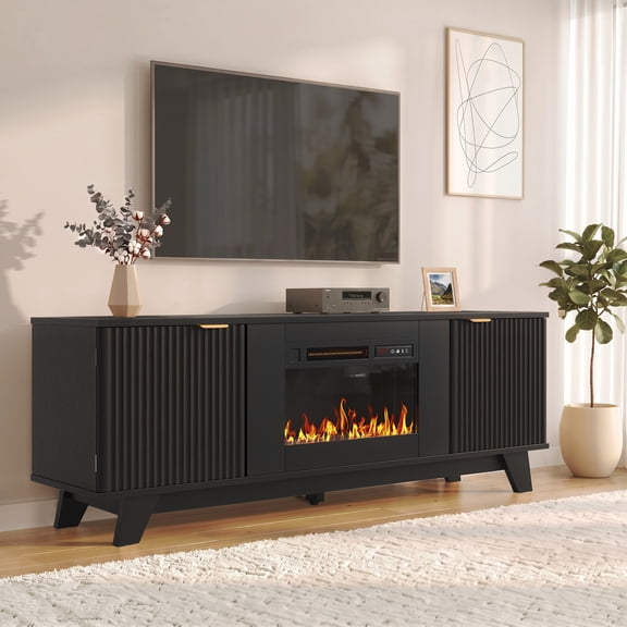 Bestier 59" Fireplace TV Stand for TVs up to 65" with Storage Cabinet, Modern Fluted Entertainment Center with 18" Electric Fireplace, Black