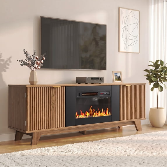 Bestier 59" Fluted Fireplace TV Stand, Entertainment Center with Metal Handles & Adjustable Shelves, Modern Media TV Console Table with Storage for Living Room, Walnut