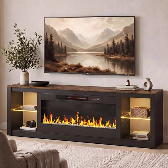 Bestier 70" Fireplace TV Stand for TVs up to 75", Modern Entertainment Center with 36" Electric Fireplace, TV Console with LED Lights and Adjustable Shelves for Living Room, Rustic Brown
