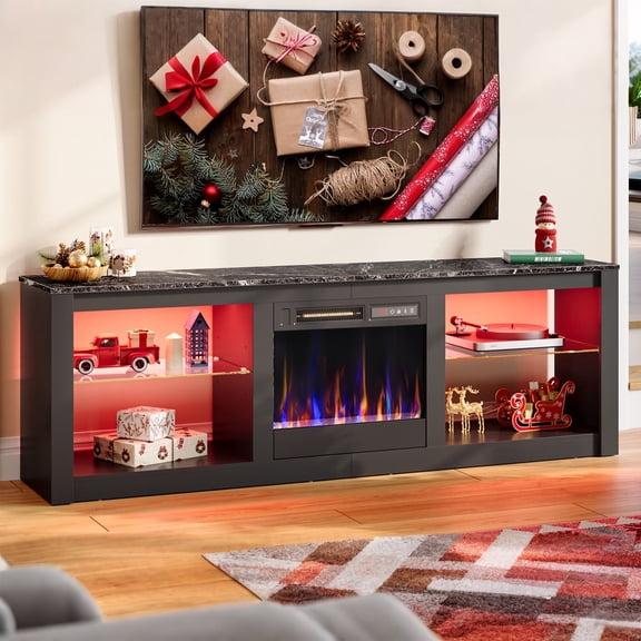 Bestier Fireplace TV Stand for TVs up to 70",LED Gaming Entertainment Center with 18" Electric Fireplace TV Station with Open Storage Shelve for Living Room Black Marble