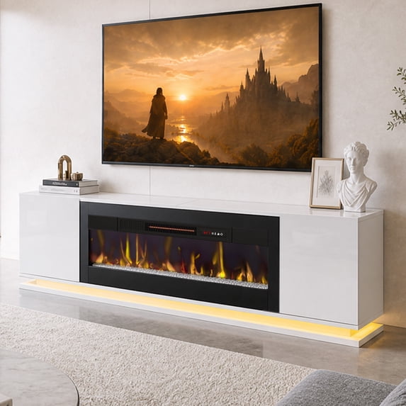 Bestier 70" Fireplace TV Stand with 36" Electric Fireplace, Mornden Entertainment Center for TVs up to 75", LED Lights, Glass Door & Adjustable Shelves for Living Room, White