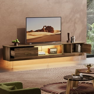 Walnut Floating TV Stand Media Console With Sliding Doors, TV