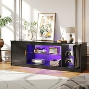 Bestier High Glossy TV Stand for 65 inch TVs with LED Lights, Fluted Entertainment Center with Storage Cabinet & Shelves,TV Console Table for PS5,Black