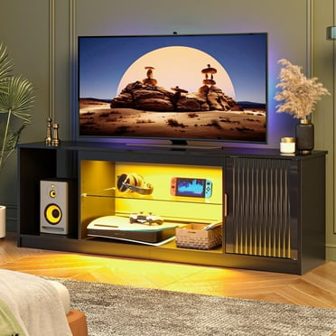 Bestier Fluted TV Stand for TVs up to 65 inch with LED Lights, High Glossy Entertainment Center with Storage Cabinet & Shelves, Black